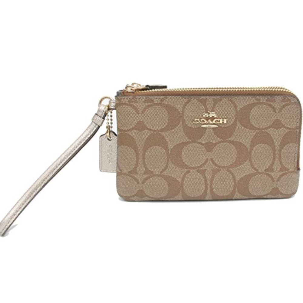 COACH Signature PVC Double Zip Wristlet Wallet